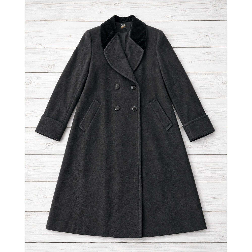 J&D Woman Wool Coat Velvet Collar Double Breasted Vintage Made in USA Black XL